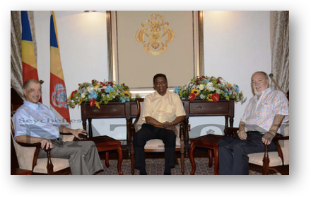 President Faure (centre) during his meeting with the two former Presidents –?Mr Michel (left) and Sir James R. Mancham - Photo: Courtesy of Mahe Publications