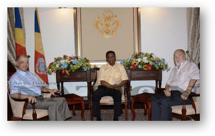 President Faure (centre) during his meeting with the two former Presidents –?Mr Michel (left) and Sir James R. Mancham - Photo: Courtesy of Mahe Publications President Faure (centre) during his meeting with the two former Presidents –?Mr Michel (left) and Sir James R. Mancham - Photo: Courtesy of Mahe Publications