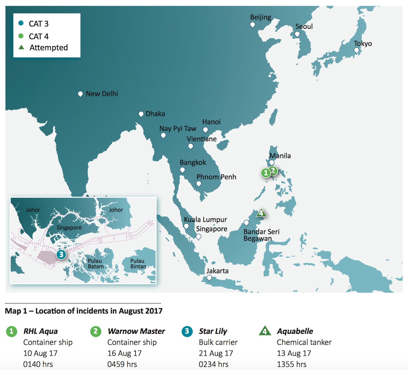 Location of Incidents - August 2017. Image: ReCAAP ISC Location of Incidents - August 2017. Image: ReCAAP ISC
