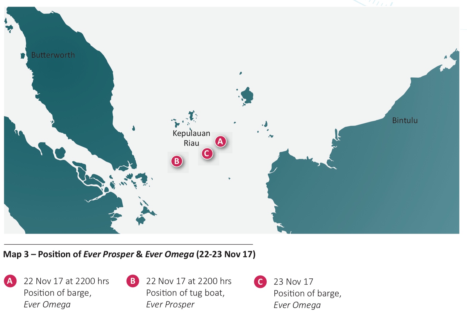 Map 3; Position of Ever Prosper & Ever Omega - Image: courtesy of ReCAAP ISC Map 3; Position of Ever Prosper & Ever Omega - Image: courtesy of ReCAAP ISC