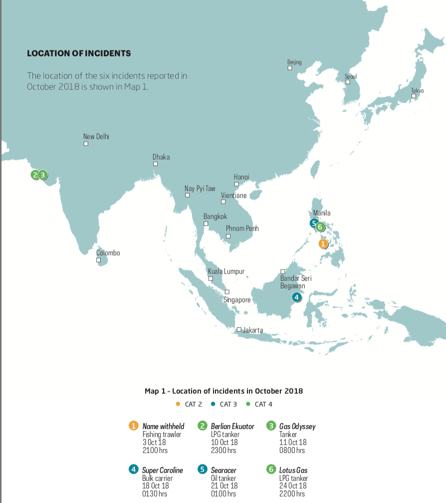 Location of Incidents - October 2018 Image: ReCAAP ISC Location of Incidents - October 2018 Image: ReCAAP ISC