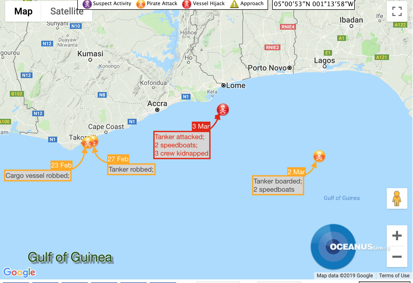Pirate Activity off Lome & Nigeria. Map: OCEANUSLive Pirate Activity off Lome & Nigeria. Map: OCEANUSLive