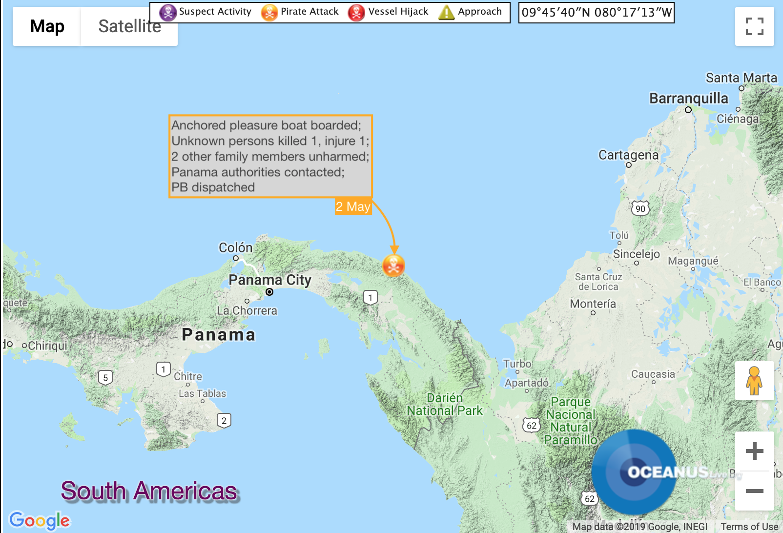 Pleasure Boat Boarded, 1 Crew Killed Off Panama. Map: OCEANUSLive Pleasure Boat Boarded, 1 Crew Killed Off Panama. Map: OCEANUSLive
