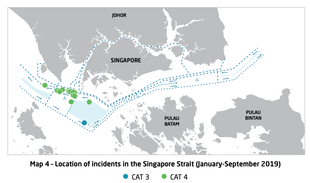 Map 4 - Lcation of Incidents in the Singapore Strait (Jan - Sep 2019). Courtesy of ReCAAP ISC Map 4 - Lcation of Incidents in the Singapore Strait (Jan - Sep 2019). Courtesy of ReCAAP ISC