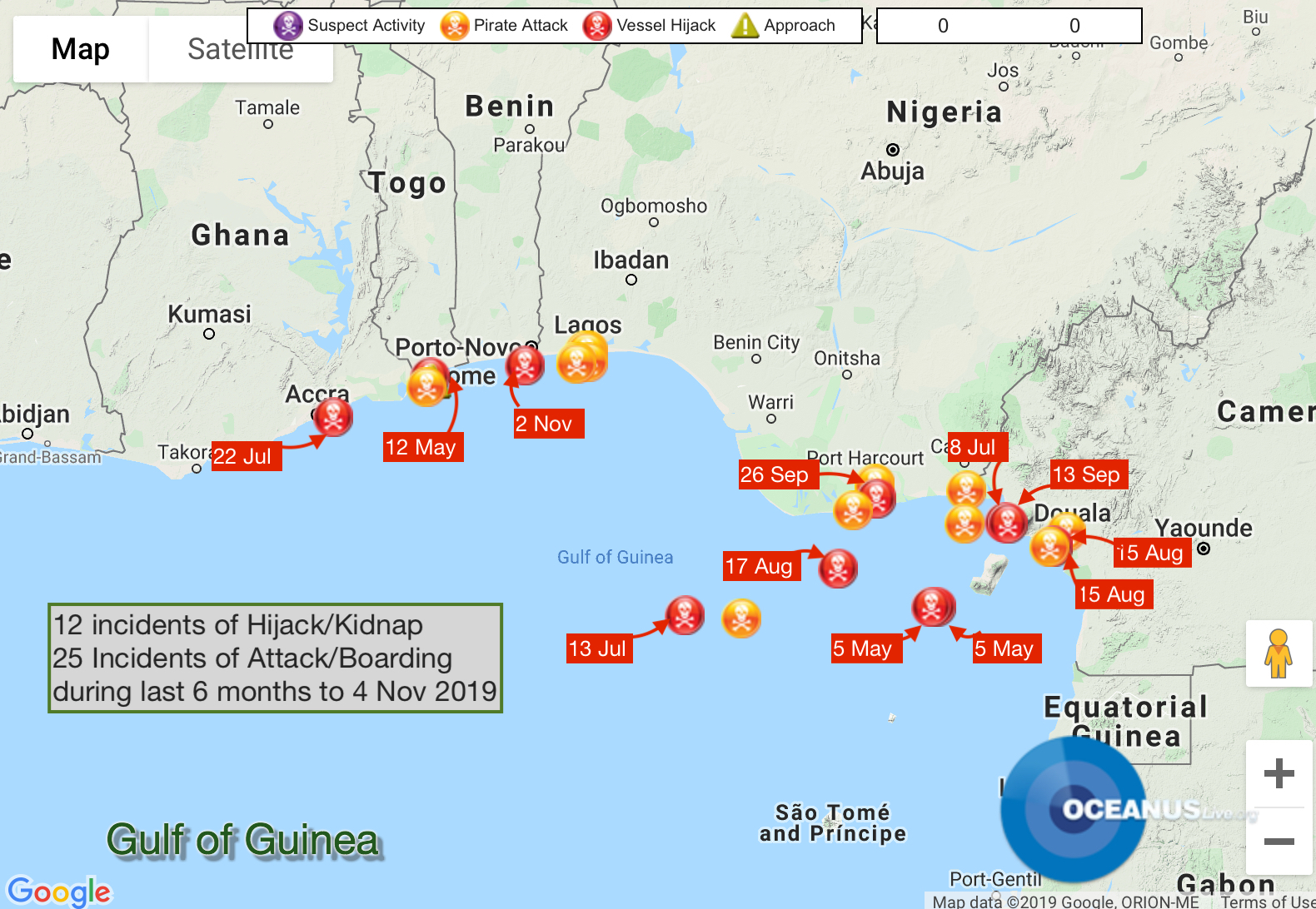 Piracy & Attacks in the Gulf of Guinea in Last 6 Months. Image: OCEANUSLive Piracy & Attacks in the Gulf of Guinea in Last 6 Months. Image: OCEANUSLive