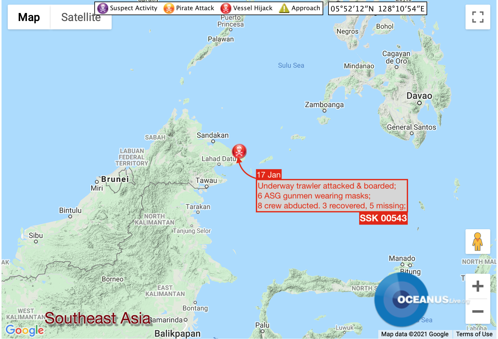 Location of trawler crew abduction by ASG Image: OCEANUSLive