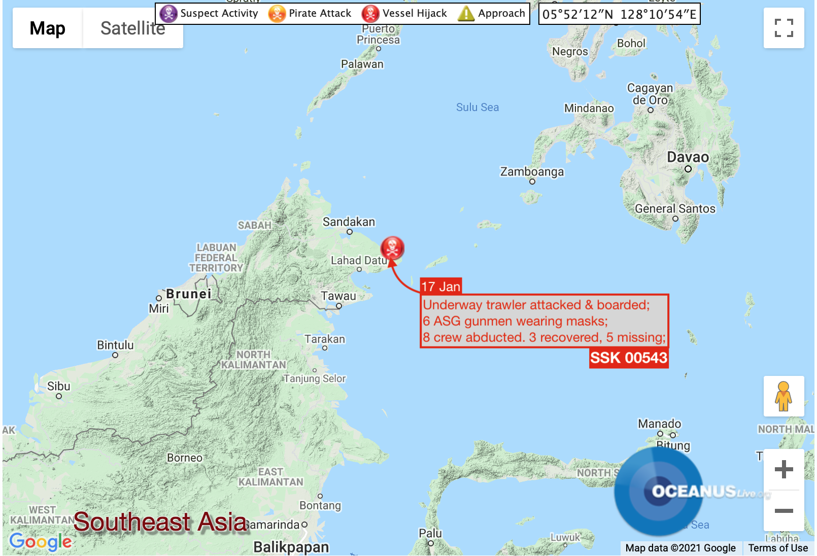 Location of trawler crew abduction by ASG Image: OCEANUSLive Location of trawler crew abduction by ASG Image: OCEANUSLive