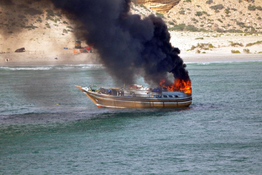 Burning Dhow in Gunfight With Dutch Warship - Photo; NL MoD