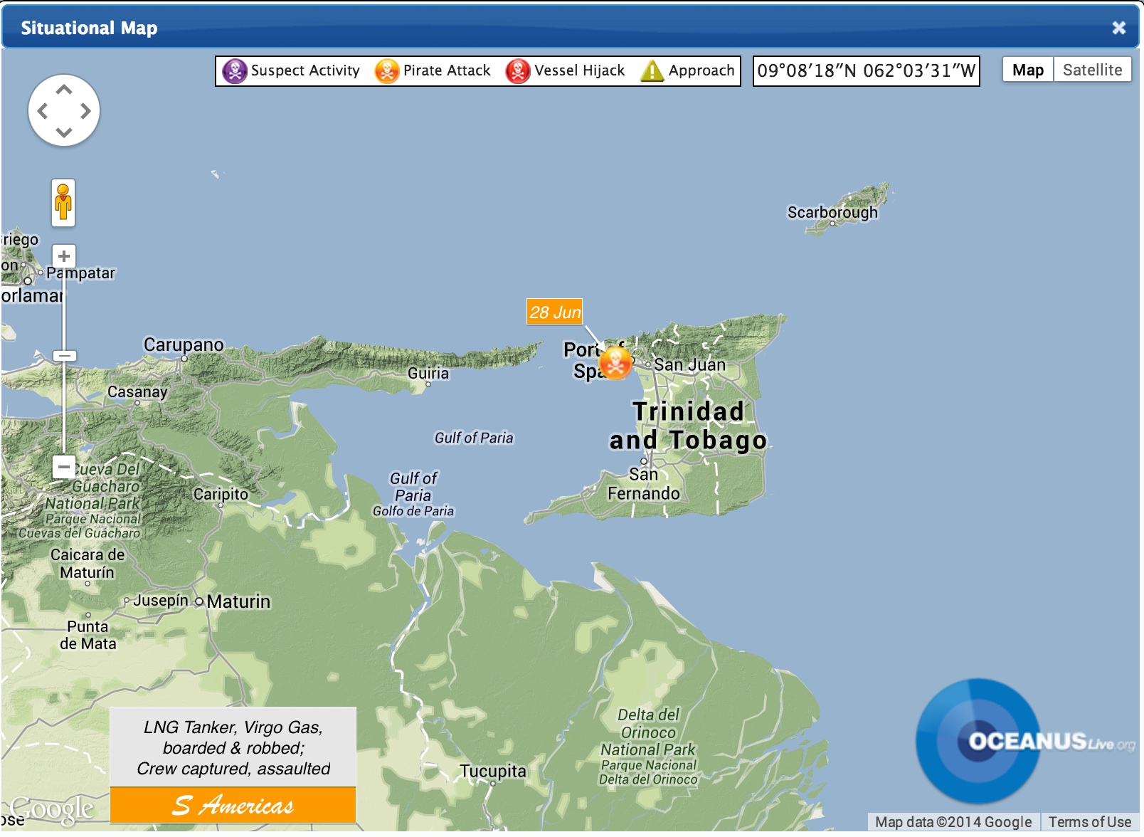 LNG Tanker attacked off Port of Spain Map: OCEANUSLive LNG Tanker attacked off Port of Spain Map: OCEANUSLive