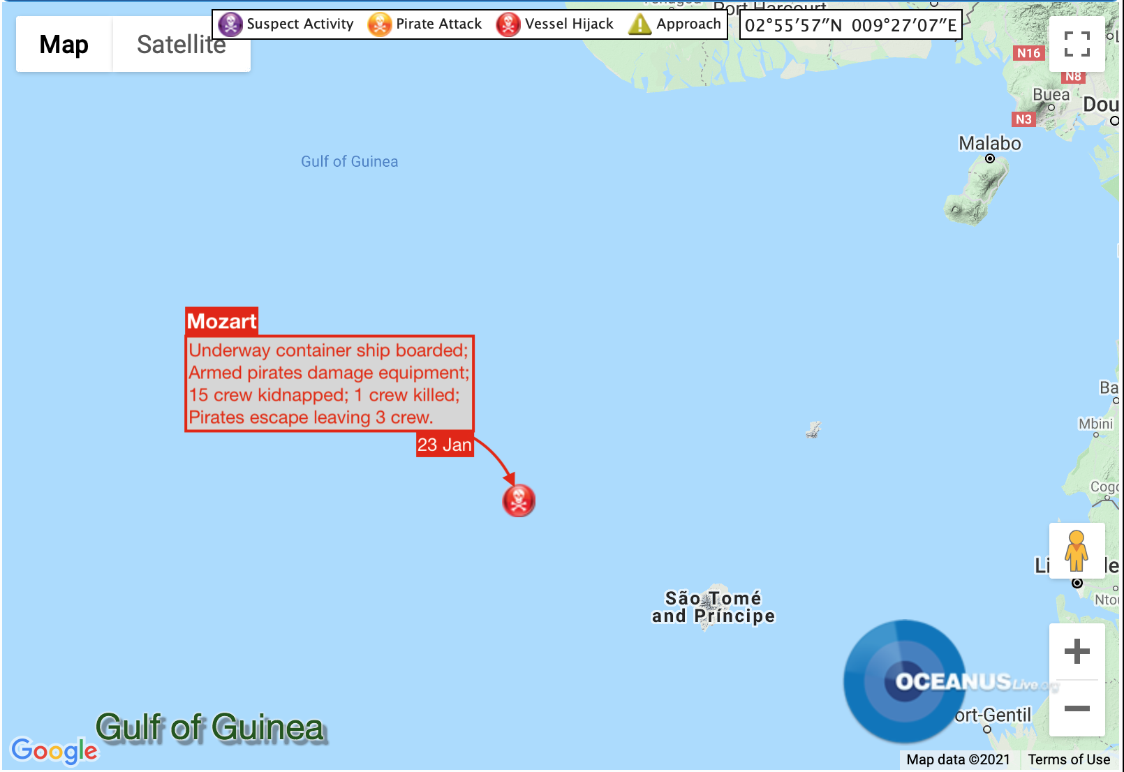 MV Mozart Crew Kidnapped in Gulf of Guinea. Map: OCEANUSLive