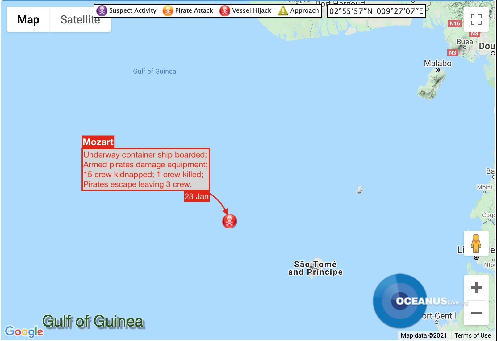 MV Mozart Crew Kidnapped in Gulf of Guinea MV Mozart Crew Kidnapped in Gulf of Guinea. Map: OCEANUSLive