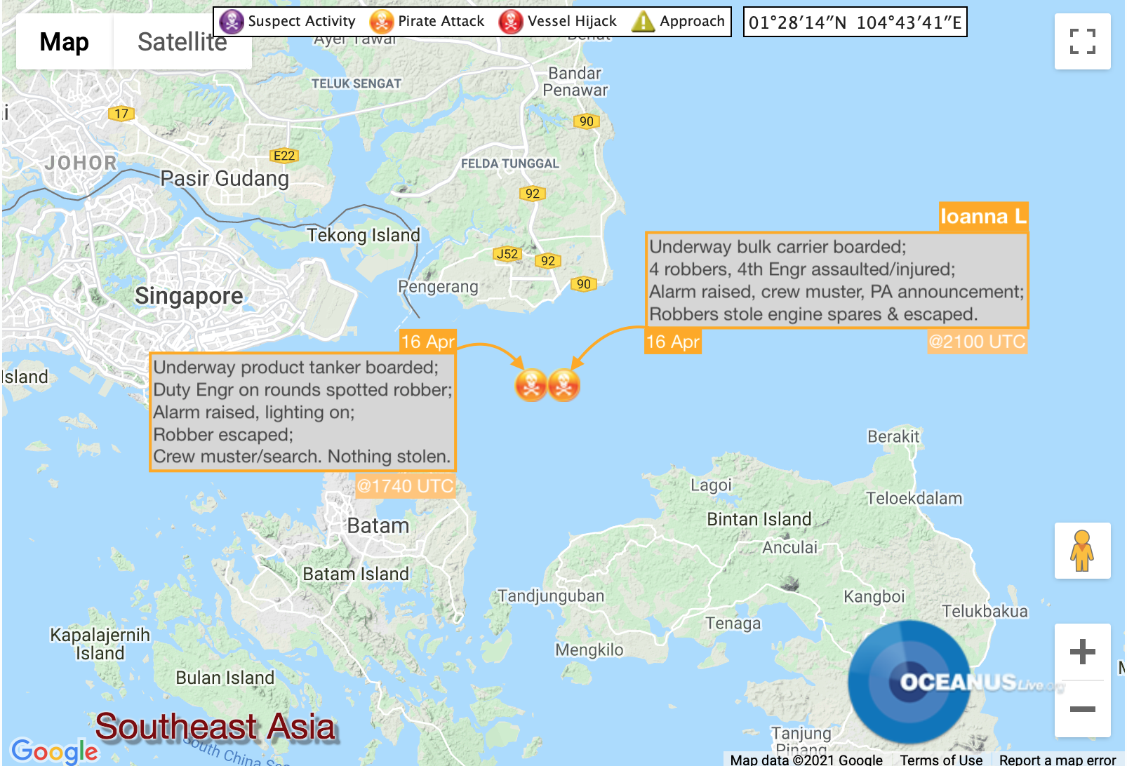 Two Boarding Incidents in Singapore Strait 16 Apr - Map: OCEANUSLive.org